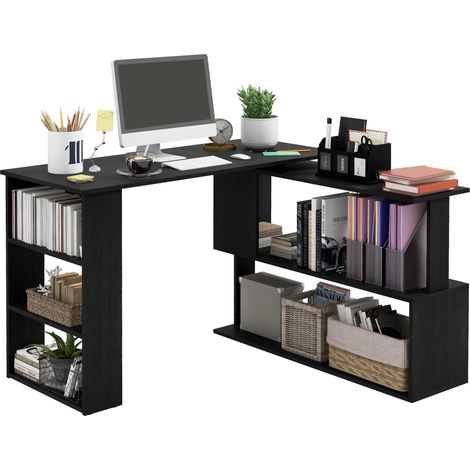 Bureau d'angle couleur noir avec plateau pivotant à 360°, 5 étagères de rangement modulables, structure robuste, dimensions 120 x 110 x 74,5 cm (1/5)
