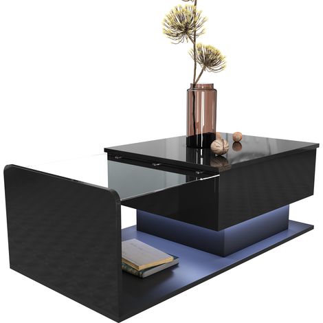 CHICFURN Mesa de centro elevable 100x50 cm negra brillante, cristal, LED y almacenaje (1/5)