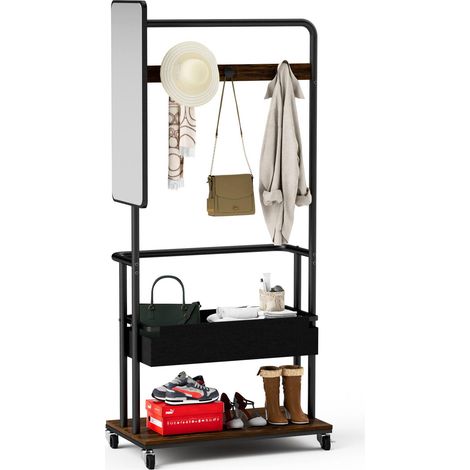 Armoire métallique robuste à roulettes, modèle 3 en 1 avec panier et miroir, penderie suspendue, marron