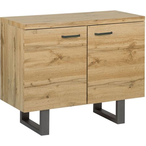 Aparador de 2 puertas de madera clara con patín gris base de metal asas de aluminio gabinete con estantes industrial Timber (1/5)