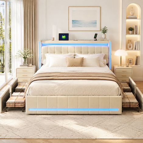 lit 180 x 200 cm avec sommier, lit double rembourré 180 x 200, avec 4 tiroirs,tête de lit capitonné avec LED et USB, style scandinave, lin, beige, (1/5)