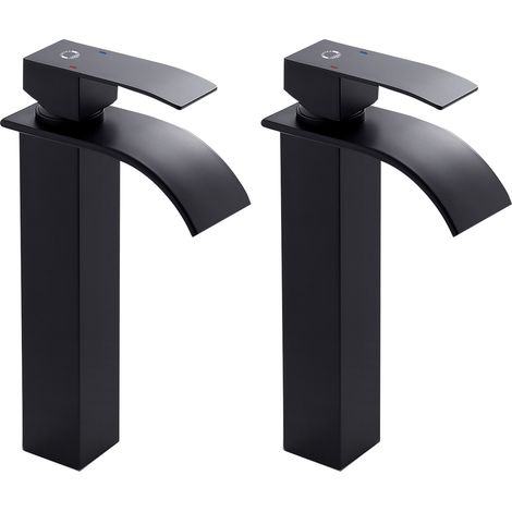 2PCS Cecipa Wasserhahn Bad Waschtischarmaturen mit Hoher Wasserfall Auslauf für Badezimmer Waschbecken Schwarz