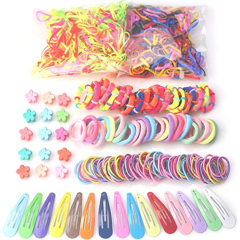 Coffret cadeau pour enfant comprenant un ensemble de coiffures élastiques pour cheveux, des pinces à cheveux en métal coloré et des élastiques à cheveux. (1/5)