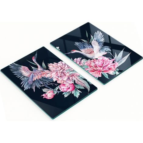 Planches à découper décoratives en verre trempé, motif grues et pivoines, 2 x 40 x 52 cm (1/5)
