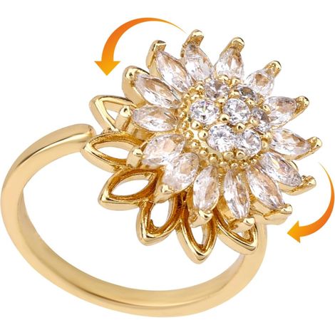 Gold Rotating Sunflower Ring, Adjustable Rotating Ring with Cubic Zirconia, Flower-Shaped Jewelry, Gold-Plated Copper for Women and Men (1/5)