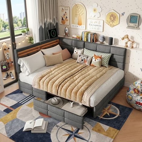 Canapé Lit 140x200 cm avec Éclairage LED et Prise USB, Cadre de Lit double avec Rangement et 2 Tiroirs, Lits 2 Places avec sommier à Lattes en Bois, pour Enfant/Adulte, sans Matelas, Lin, Gris (1/5)