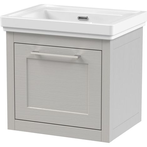Blithbury Traditional Bathroom Wall Hung 1 Drawer Vanity Unit and 0 Tap Hole Fireclay Basin, 500mm, Woodgrain Grey (1/5)