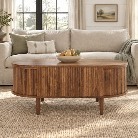 Mesa de centro elevable ovalada con almacenaje, MDF y patas de madera maciza, nogal HAVRYA (1/5)