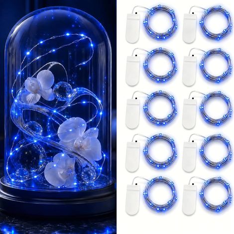 Lot de 10 guirlandes lumineuses LED à piles 1m 10 LED fil d'argent bleu étanche bouteille étoile guirlandes lumineuses pour Noël fête (1/5)