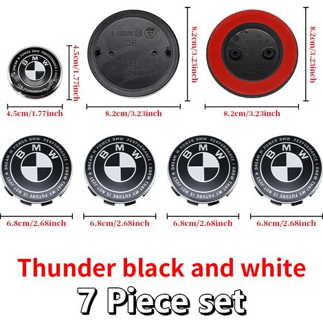 (45-82(2)-82-68x4, Chine continentale) - Convient pour BMW : logo Thunder noir et blanc, emblème de capot avant, badge arrière, cache-moyeu de roue, autocollant de volant (1/5)