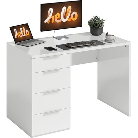 Bureau informatique blanc avec 4 tiroirs, meuble de travail gain de place pour bureau et chambre, 110 x 61,5 x 75 cm (1/5)