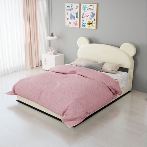 Letto contenitore per bambini moderno 140x200 cm, tessuto vellutato e metallo, beige, vano sollevabile (1/5)