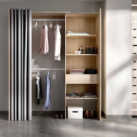Dmora - Armario Wetterhorn, Estructura para vestidor con cortina, Perchero abierto, 160x50h203 cm, Roble (1/5)
