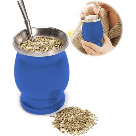 Mate-Becher 230 ml (8 oz), in Form einer Kalebasse, blauer Isolierbecher (mit Löffel, Strohhalm und Reinigungsbürste). (1/5)