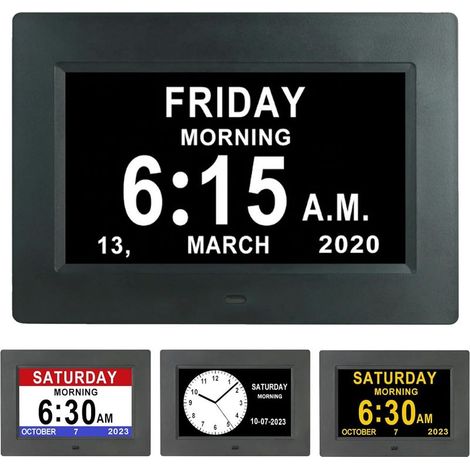 Reloj digital LCD de 7 pulgadas con calendario, fecha, día y hora, pantalla completa no abreviada, atenuación automática, pantalla HD en 8 idiomas, recordatorio para personas con Alzheimer, ancianos y (1/4)