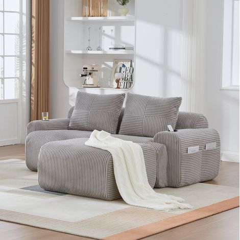 Divano modulare a 2 posti 200 x 174 x 80 cm in corduroy grigio chiaro con portabicchieri e tasca laterale (1/5)