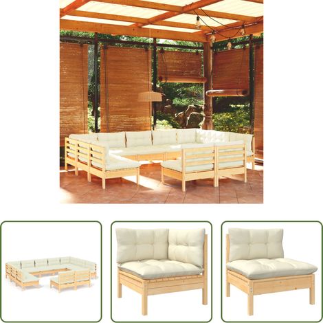 Terrassensofa - 11-tlg. Garten-Lounge-Set mit Creme Kissen Massivholz Kiefer (1/5)