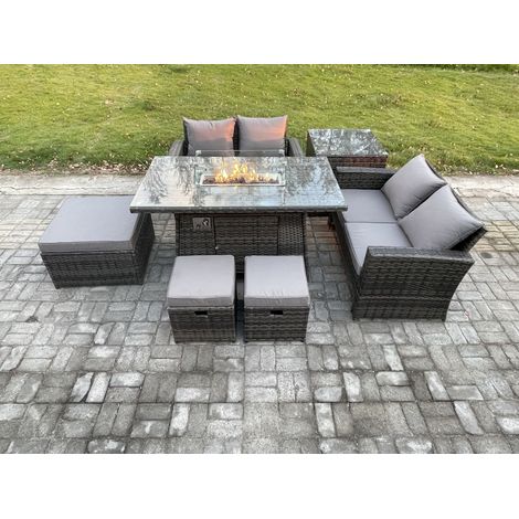Fimous 7-Sitzer Polyrattan Gartenmöbel Set Garten Sofa im Freien Stuhl Gasfeuerstelle Esstisch Set mit 3 Hocker Doppelsitz-Sofa Beistelltische (1/5)
