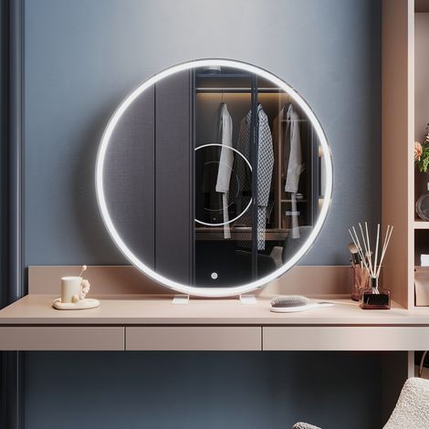 ELEGANT Freestanding Mirrors with Memory Function 3 Colors of Light Modes Dimmable Brightness and Built-In Socket, Wall-mounted or Desktop, 800 x 800 x 35mm (1/5)