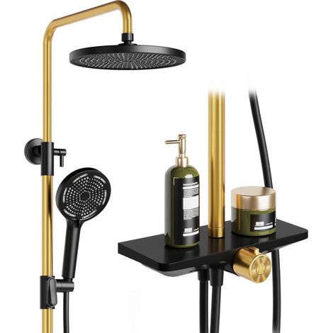 Douche à Effet Pluie, Sans Robinet, Avec éTagèRe, SystèMe De Douche Avec Pommeau De Douche En Acier Inoxydable