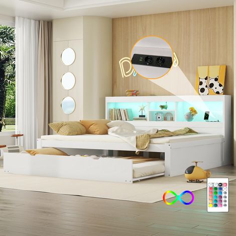 Canapé-lit, méridienne, 140x200cm, avec éclairage LED, compartiment de rangement côté lit, lit gigogne, prise électrique + USB, sans matelas, blanc, garantie 2 ans