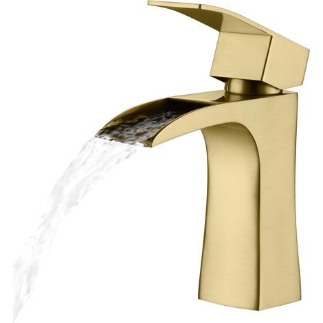 Mitigeur d'évier de salle de bain, robinet cascade pour évier de salle de bain, robinet carré moderne en acier inoxydable avec tuyaux standard britanniques (Brushed Gold) (1/5)