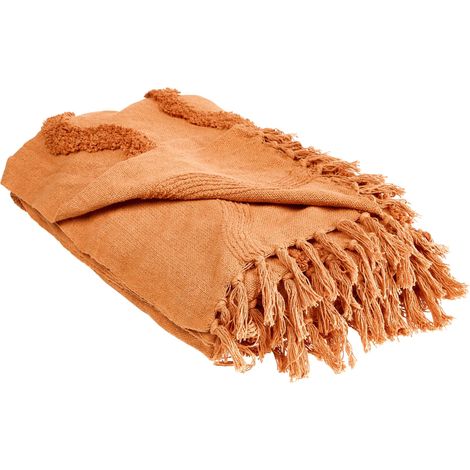 Couverture Style Boho en Coton 150 x 200 cm Motif Géométrique Tricoté Orange Khari (1/5)