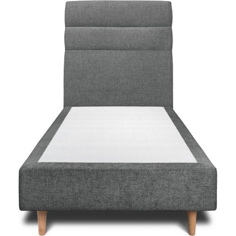 Lit 90x200cm avec tête de lit lignes tissu et sommier tapissier gris anthracite - Hauteur totale : 35cm (1/4)