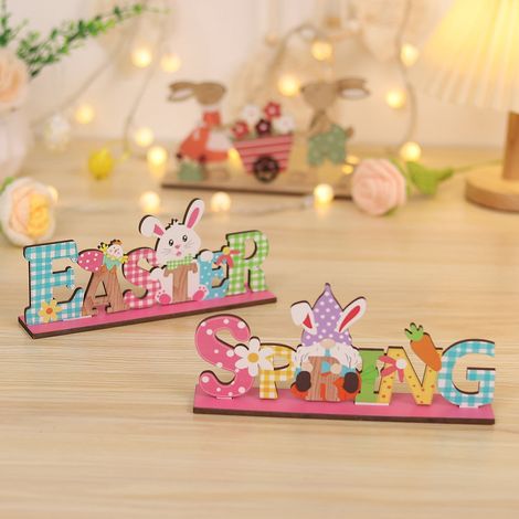 Ornement De Pâques - En Bois - Motif Lapin Et Gnome - Décoration De Bureau Et Intérieur - Lot De 1 (1/5)