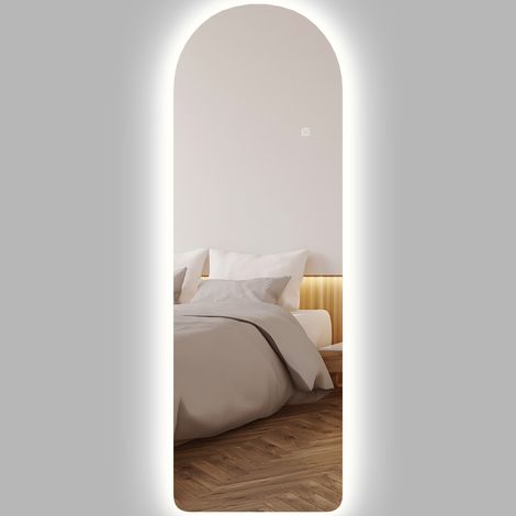 Grand miroir mural, mesurant 120 x 40 cm, avec éclairage LED, surface de miroir incurvée, luminosité réglable et trois couleurs de lumière transparentes.
