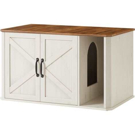 Feandrea – Meuble à litière pour chat – Cache-litière moderne avec entrée par devant – Double porte – 85 x 48,5 x 50 cm – Panneau aggloméré marron miel et blanc