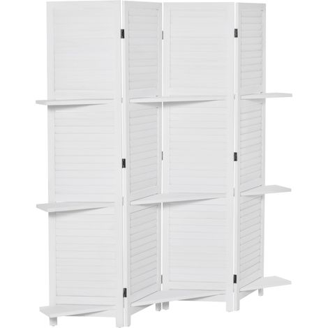 HOMCOM Paravent intérieur en bois 4 panneaux 160 x 170 cm, séparateur de pièce pliable avec 3 étagères, cloison de séparation pour salon, chambre à coucher, maison, blanc