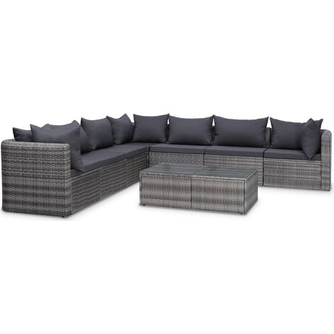 8-tlg. Garten-Lounge-Set mit Auflagen Poly Rattan Grau