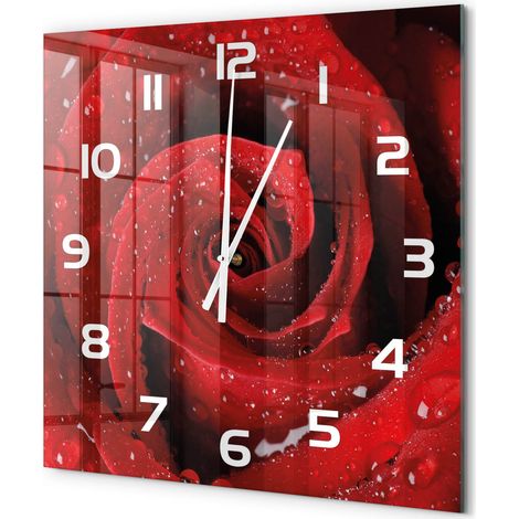 Grande Horloge Murale Carrée Originale en Verre Silencieuse Design Moderne Salon Gouttes sur la rose 60x60 cm (1/5)