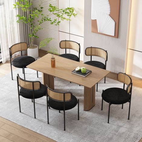 DESMIU Chaise de salle à manger avec Dossier en Rotin, Dossier Incurvé Ergonomique et Pieds en Métal, en Velours Noir (1/5)