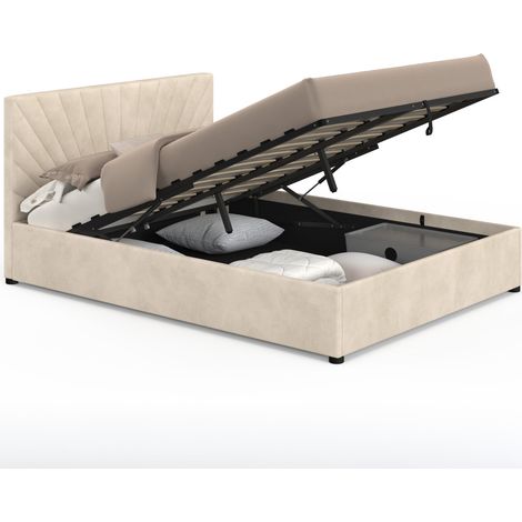 Lit coffre double SUNLIGHT avec tête de lit matelassée et sommier 140 x 190 cm velours beige (1/5)
