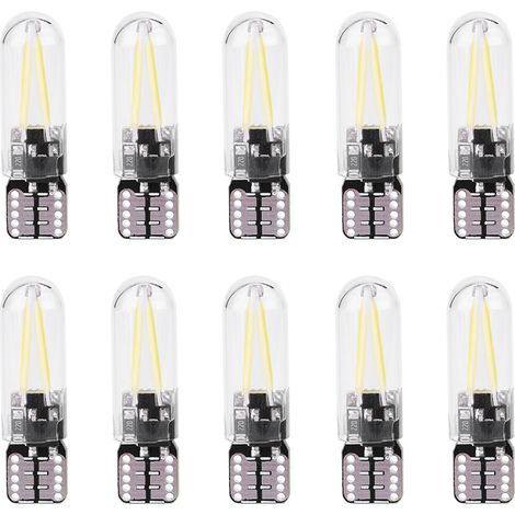 Ymiko Verre d'ampoule LED de voiture, 10pcs 12V W5W COB Filament lumière blanche pour plaque d'immatriculation lumière dôme lumière carte lumière diurne feu de position latéral feu de freinage(blanc).
