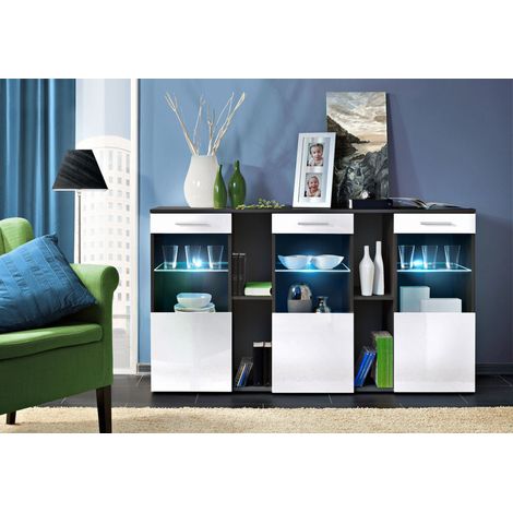 Buffet Dorade avec vitrine et éclairage LED - Bois MDF blanc brillant et noir - 160 x 92 x 40 cm - Livraison gratuite