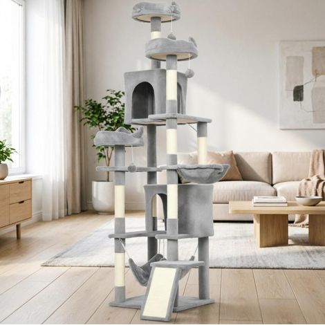 Grauer Kratzbaum 192 cm mit 8 Kratzsäulen, 4 Plattformen, 2 Höhlen und Leiter (1/5)