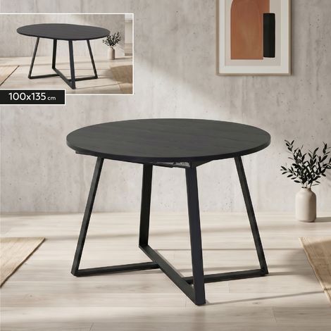 Mesa de comedor extensible Ø100 × 100–135 cm KERI, redonda cerrada y ovalada abierta, tablero de melamina de 25 mm y estructura negra - MOG CASA (1/5)