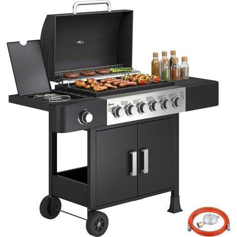 Barbecue gaz 17,8 kW, chariot inox 6+1 brûleurs, brûleur latéral, thermomètre et grille de cuisson émaillée, équipé de roues (1/5)