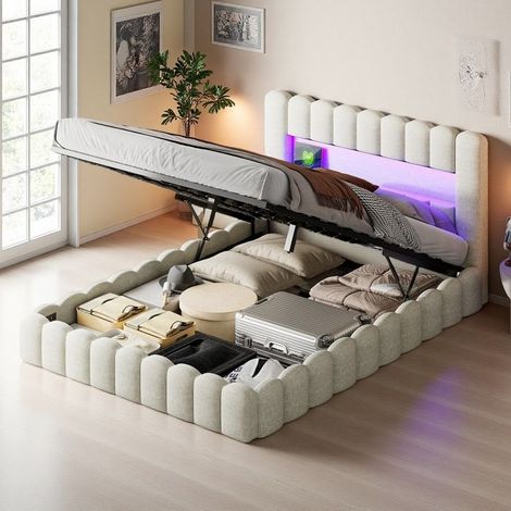 Bett Hydraulisch 160x200 cm - Bett mit Stauraum für Erwachsene mit Regal, USB-Ladeanschluss und RGB-LED - Beige Leinenstoff modernes und luxuriöses Design