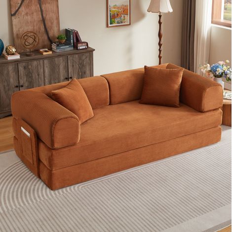 CHICFURN Canapé convertible pliant 2 places terracotta, canapé-lit de sol en velours côtelé avec 2 coussins, structure en acier chromé, pour salon et chambre (1/5)