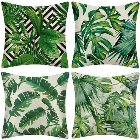 royaluxe - Extérieur Housse de Coussin, Lot de 4 Imperméable Plante Tropicale Verte Motif Canapé Taie d'oreiller pour Patio Jardin Salon Chambre Décoration, 45x45cm -Plantes Tropicales (1/4)