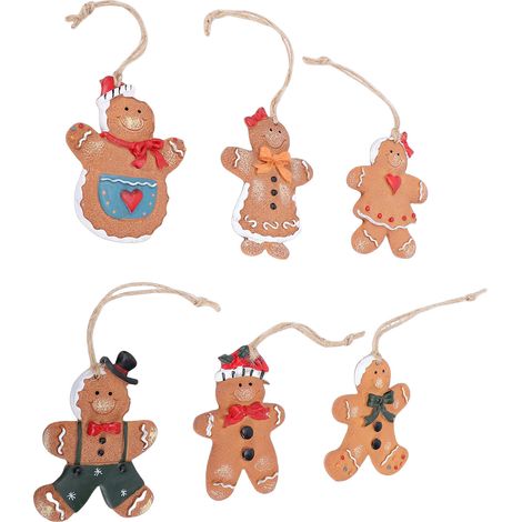 6-teiliges Lebkuchenmann-Ornament-Set, Weihnachtsbaumschmuck, hängende Lebkuchenfiguren aus Kunstharz, 8,9 cm (3,5 Zoll), für Zuhause und die Feiertage, 6 Stück (1/5)