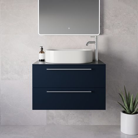 Napoli 460 Deep Blue 800mm Wall Mounted 2 Drawer Vanity Unit for Countertop Basins - 800mm - Chrome 480mm Handle