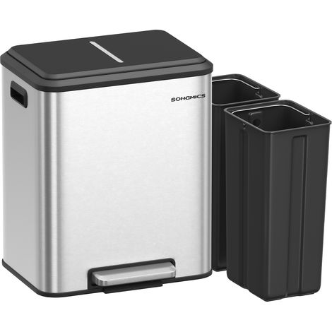 Poubelle de Cuisine, 2 x 15 L Poubelle Double pour le Recyclage et les Déchets Ménagers, Benne à Ordures, Seaux Intérieurs, Acier, Fermeture Douce, Pédale, Argent (1/5)