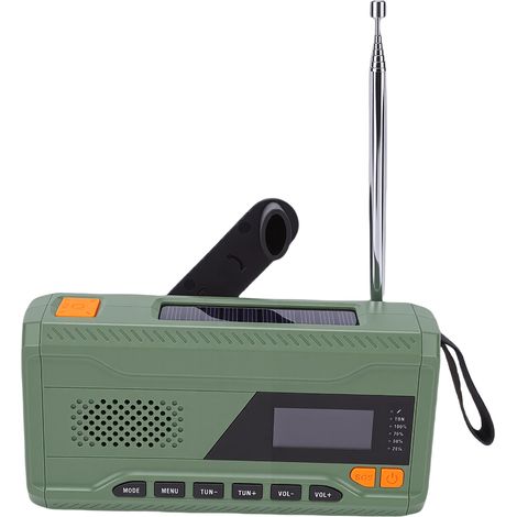 Radio solaire d'urgence à manivelle, portable, USB, DAB/FM, avec lampe torche LED et batterie 4500 mAh, idéale pour le camping, la randonnée et les activités de plein air (vert). (1/5)