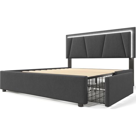 Cama tapizada gris 140x200 cm con LED y 4 cajones, cabecero ajustable (1/5)