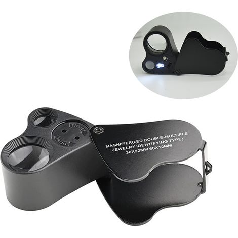 (Black),30 X 60 Jeweler's Loupe, LED Illuminated Watchmaker's Loupe, Gems Jewelry Stones Stamps Pieces Watches Hobbies Antiques Models Pocket Monocle Magnifying Glass 30 X 60 mm